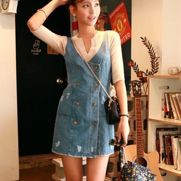Denim dress pocket button tank vneck sexy chic women’s - Picture 3 of 12